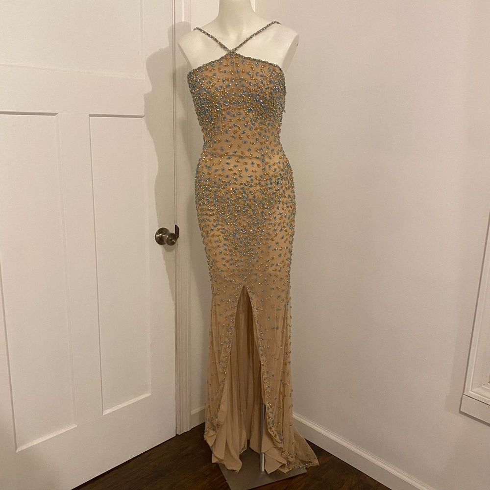 Jovani size 6 Gold Blue Embellished Beaded High Neck Open Back Formal Prom Dress